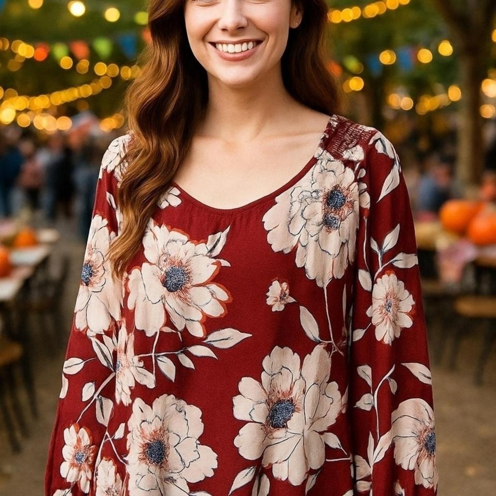 Burgandy Floral Blouse Women Long Sleeve Boho Fall Top Casual Flowing Shirt